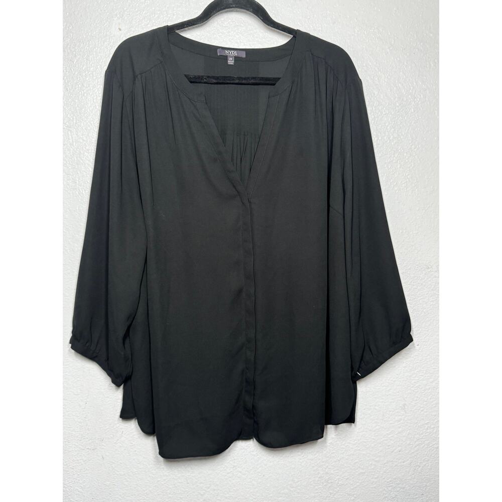 NYDJ Pintuck Top Black Split Neck Pleated Button Front 3/4 Sleeve Sz 2X Women's